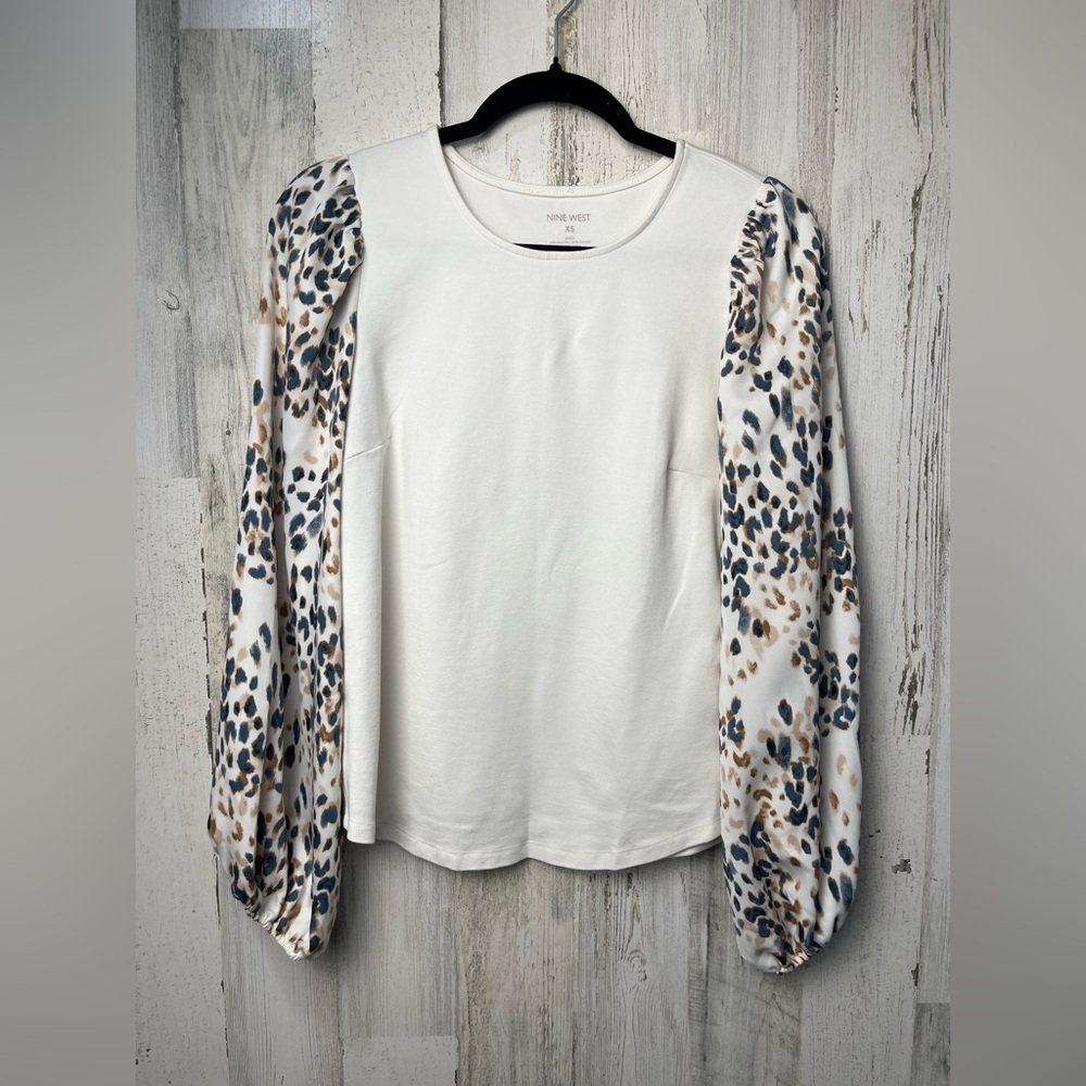 Nine West Womens Cream Animal Print Long Sleeve Top XS